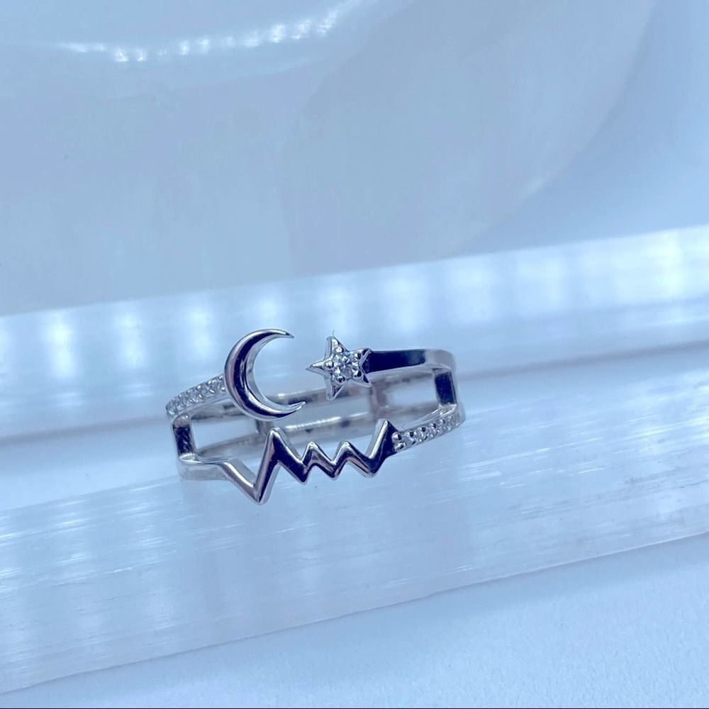 Crescent Moon And Star Sterling Silver CZ Ring Size 6,7,8